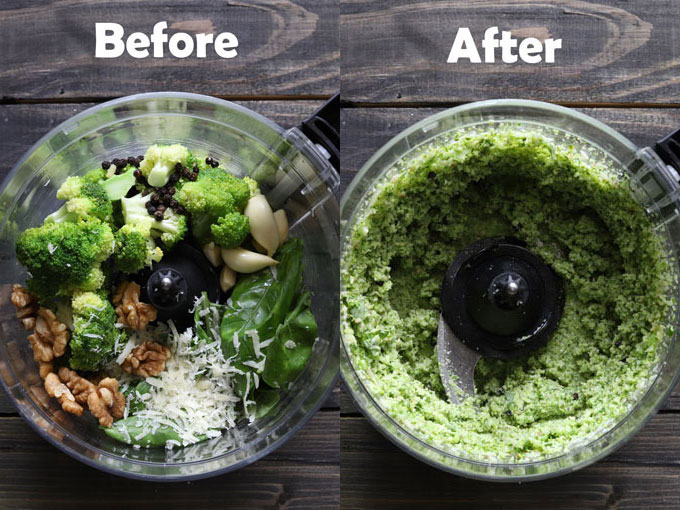 before and after broccoli pesto in food processor.