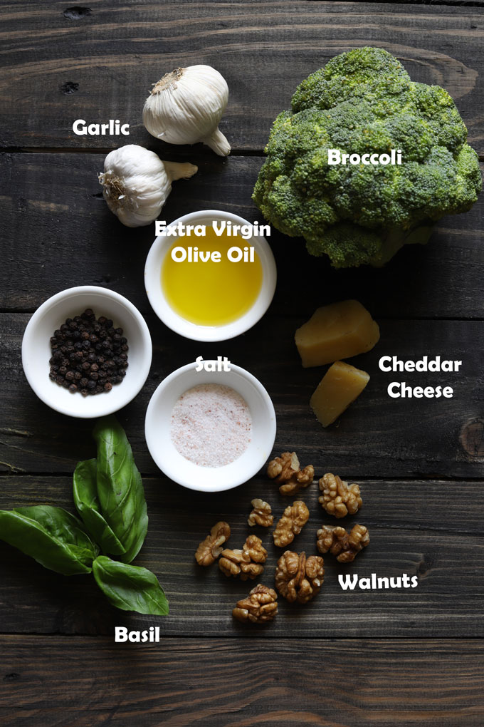 Aerial view or labeled ingredients on wooden table