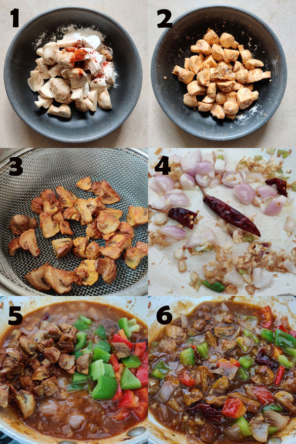 collage of chilli mushroom cooking steps 