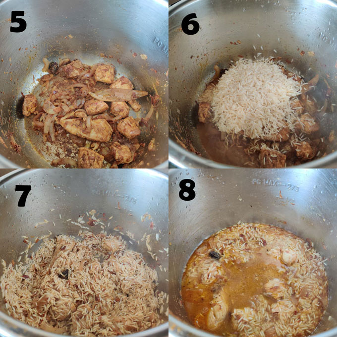 collage of chicken pulav cooking steps