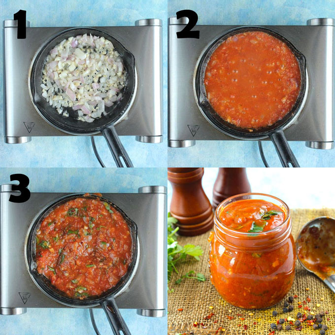 collage of marinara sauce cooking steps