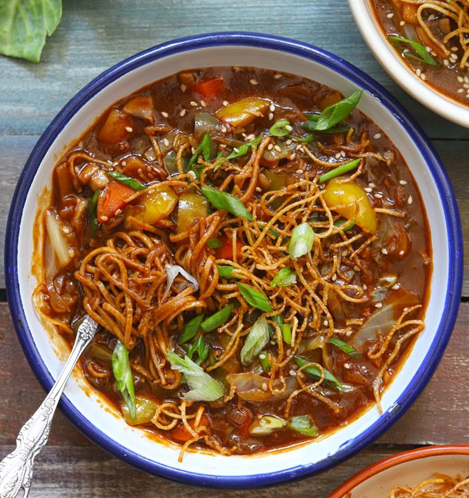 aerial shot of veg Chinese chop suey in a white bowl