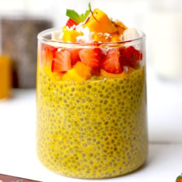 side shot of mango chia pudding in a glass