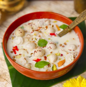 aerial shot of Panchamrit served in an earthen bowl