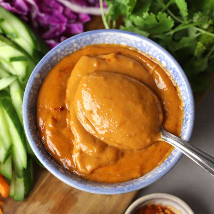 aerial shot of peanut sauce in a bowl with the spoon