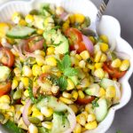 aerial close up shot of corn avocado salad