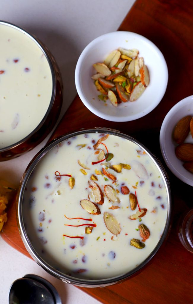 aerial shot of Gujarati sweet dish doodh pak in a bowl