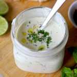 aerial close up shot of garlic yogurt sauce