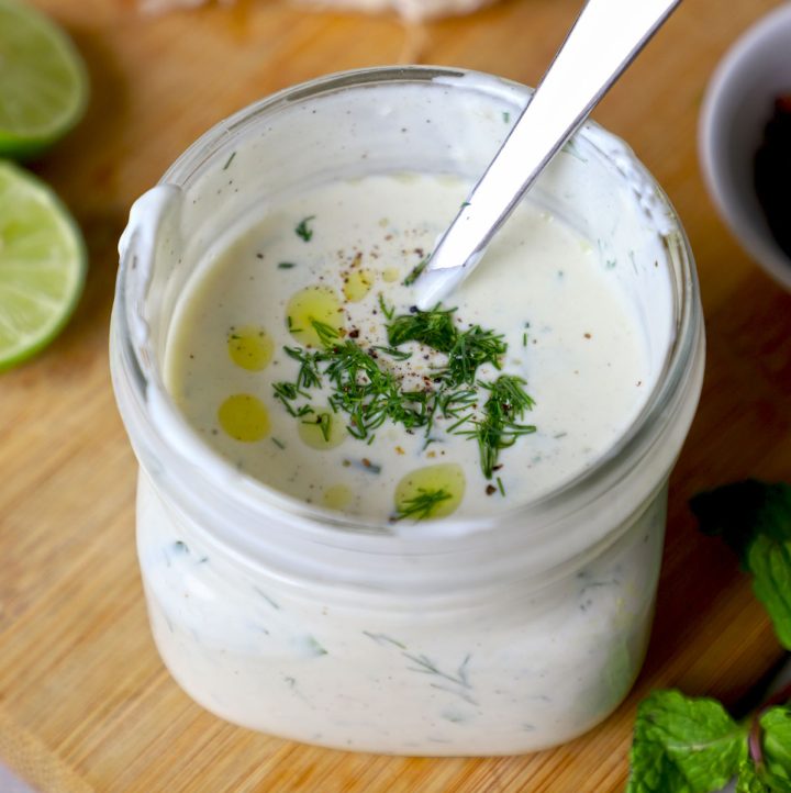 aerial close up shot of garlic yogurt sauce