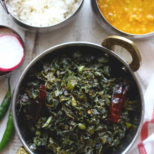 aerial shot of Pahadi lai ki sabzi in a kadhai