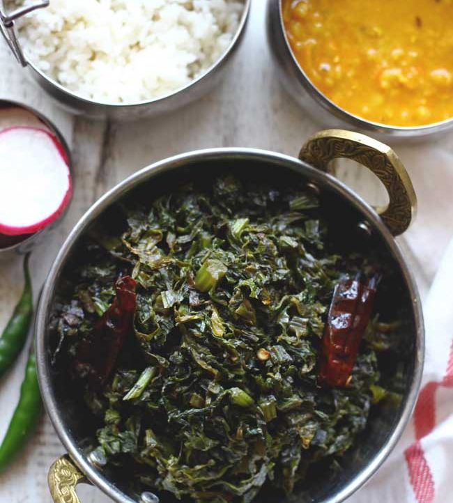 aerial shot of Pahadi lai ki sabzi in a kadhai