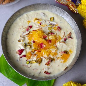 aerial shot of orange kheer in a bowl