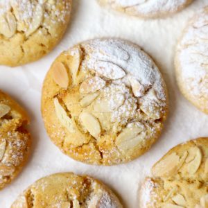 aerial shot of almond cookies on a parchment paper