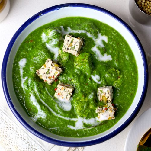 aerial shot of vegan palak paneer with tofu in a bowl