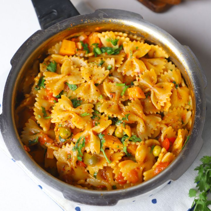 aerial shot of pressure cooker pasta